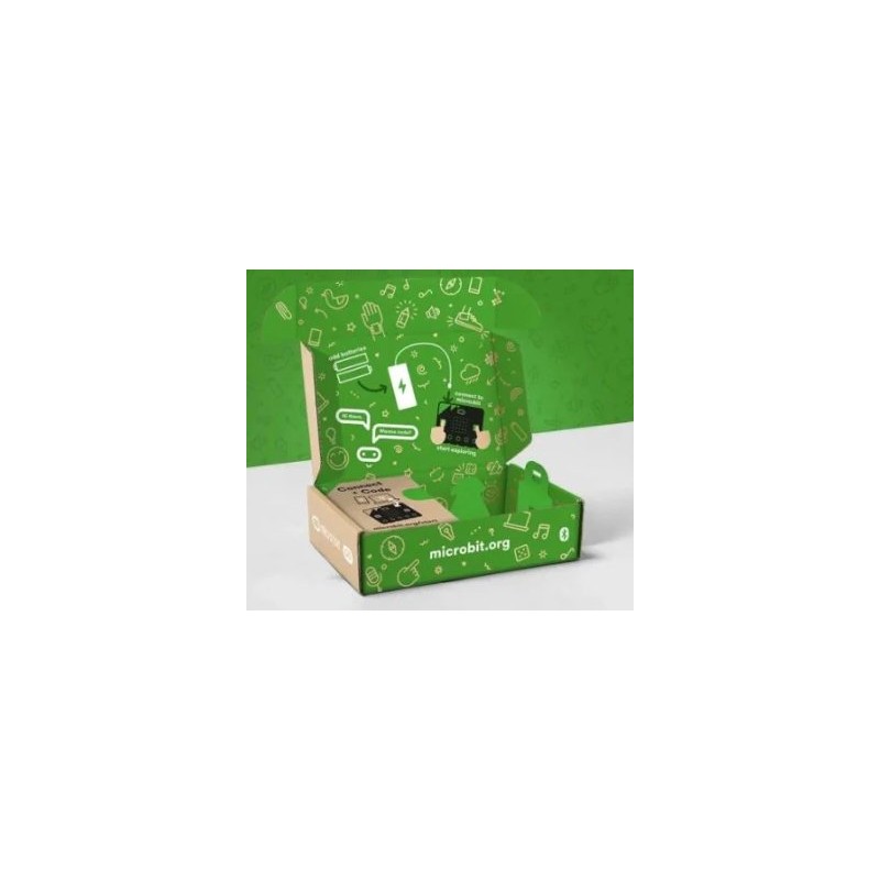 BBC micro:bit V2.2 GO - zestaw edukacyjny. Zielone pudełko z logo microbit.org, czarny moduł z przyciskami i LEDami.