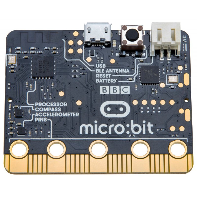 BBC micro:bit V2 - moduł edukacyjny do nauki programowania i elektroniki. Widoczny procesor ARM Cortex-M4, przycisk i gniazdo USB.