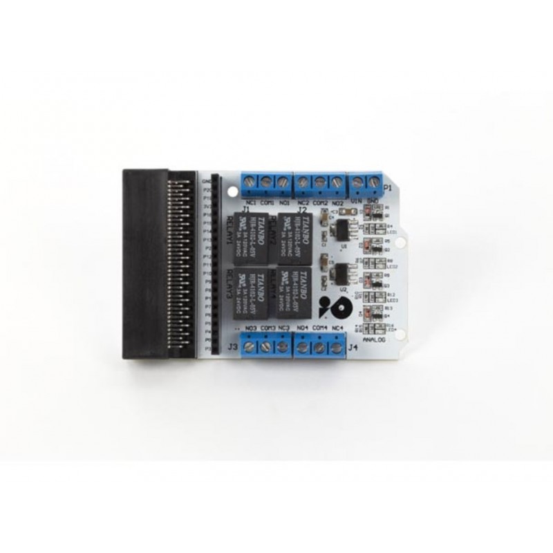 Moduł przekaźnikowy 4x TANBEO do micro:bit Moduł przekaźnikowy 4-kanałowy do micro:bit - płyta PCB z przekaźnikami TANBEO, złącza terminal block i szyna I2C.