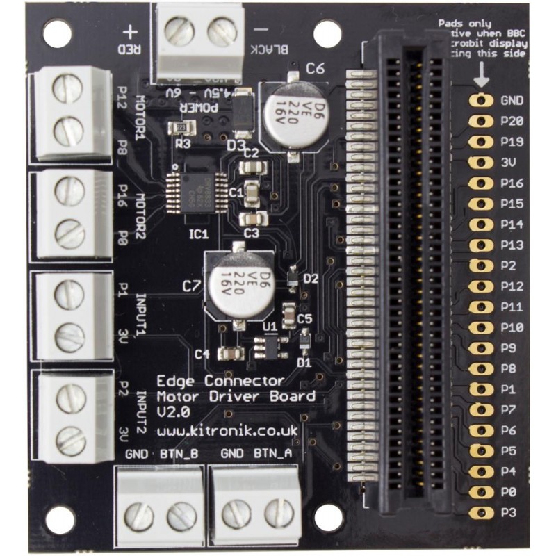 Motor Driver Board V2.0 - sterowanie silnikami dla micro:bit Kitronik Motor Driver Board V2.0 – sterownik silników do micro:bit, elementy elektroniczne, gniazda, złącze EDGE Connector.
