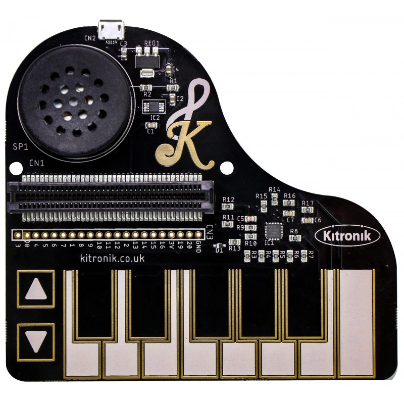 KLEF Piano – moduł pojemnościowy do micro:bit, czarny pianino z klawiszami i głośnikiem Kitronik.