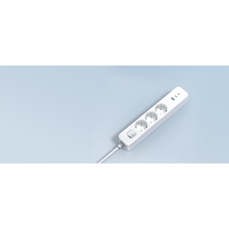 Listwa zasilająca Xiaomi 20W (2C1A) EU: 3 gniazda Schuko, 2xUSB-C, USB-A. Biały design.