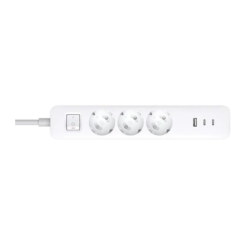 Listwa zasilająca Xiaomi 20W (2C1A) EU: 3 gniazda Schuko, 2xUSB-C, USB-A. Biały rozdzielacz do ładowania urządzeń.