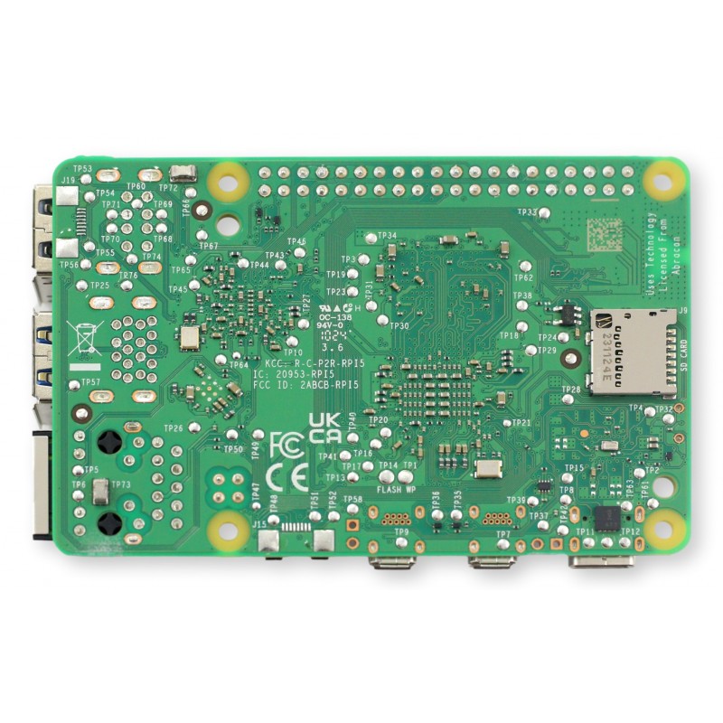 Raspberry Pi 5 8GB RAM - komputer single board Raspberry Pi 5 8GB RAM – płyta PCB komputera single-board z portami USB, HDMI, Ethernet i gniazdem SD.