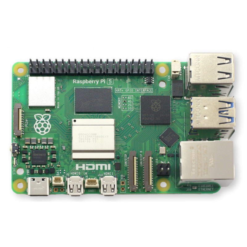 Raspberry Pi 5 - płyta główna Raspberry Pi 5 4GB RAM – płyta główna minikomputera single-board. Porty USB, HDMI, Ethernet, GPIO oraz logo Raspberry Pi.