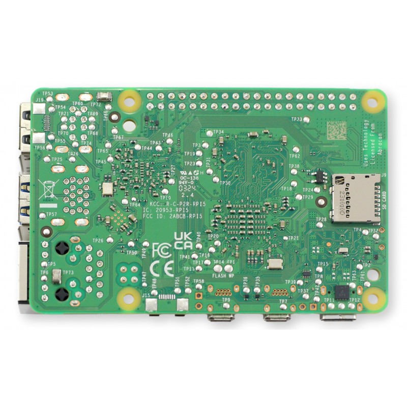 Raspberry Pi 5 4GB - płyta główna Raspberry Pi 5 4GB RAM – zielona płyta PCB, mikrokomponenty, porty USB, HDMI, SD. Komputer jedno-ramowy.