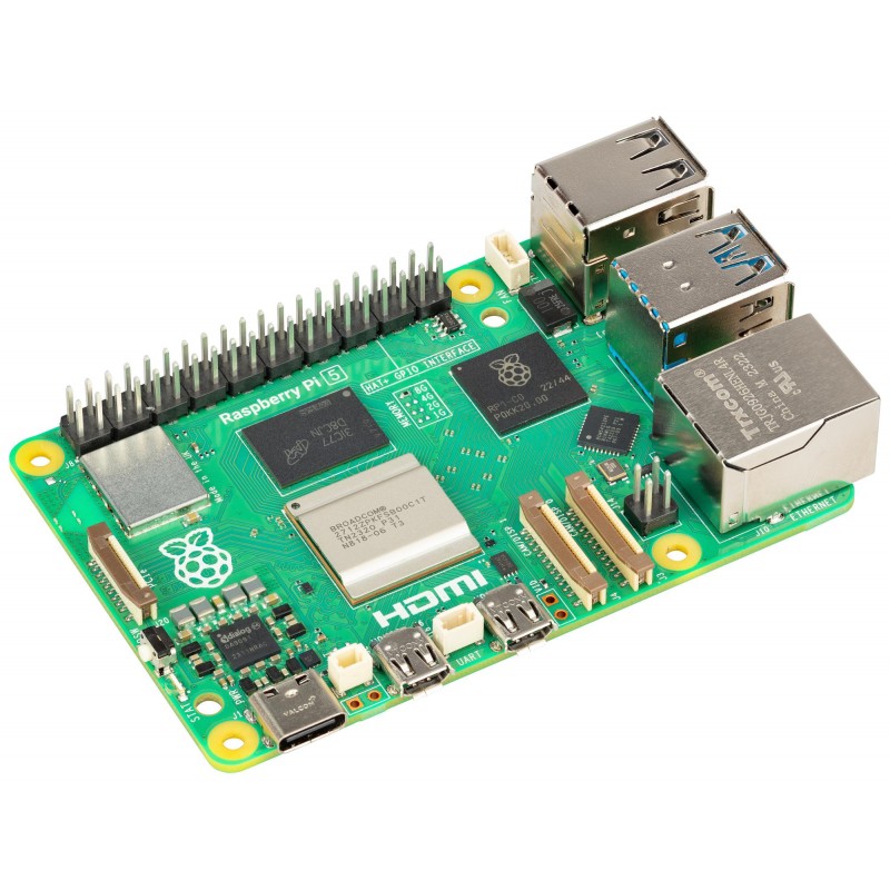 Raspberry Pi 5 - płyta Raspberry Pi Raspberry Pi 5 2GB RAM – płyta komputerowa single-board. Widoczne porty USB, HDMI, Ethernet oraz piny GPIO.