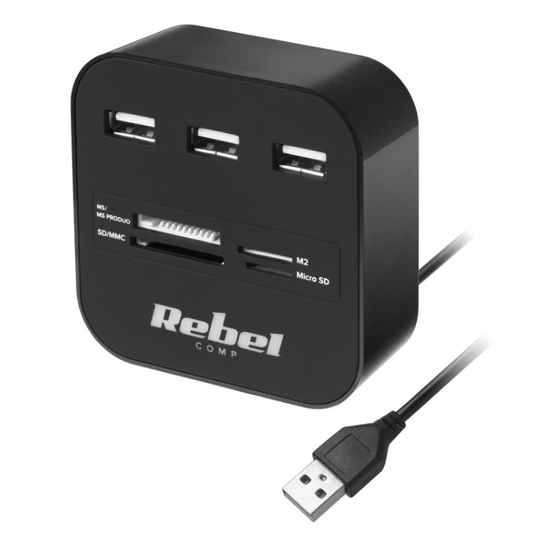 Rebel COMP HUB USB 3.0 – adapter z 3 portami USB i czytnikiem kart SD/MMC/MicroSD, idealny do podłączenia urządzeń.