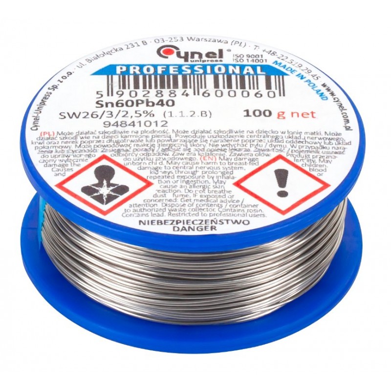 Cynel Sn60Pb40 - spulek lutownicy Spulek lutownicy Cynel Sn60Pb40 – 100g, ołowiana stal do lutowania, profesjonalna jakość.