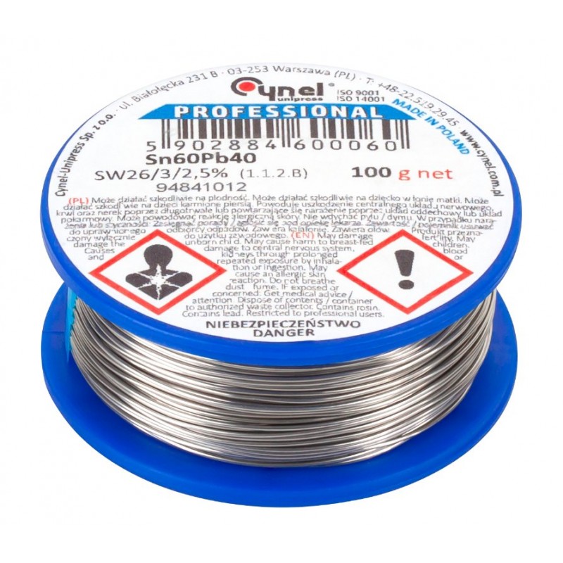 Cynel Sn60Pb40 - rolka lutownicza Cynel Sn60Pb40 – rolka lutownicy 1mm/100g. Srebrzysty stop ołowiu i cyny, profesjonalne zastosowanie.