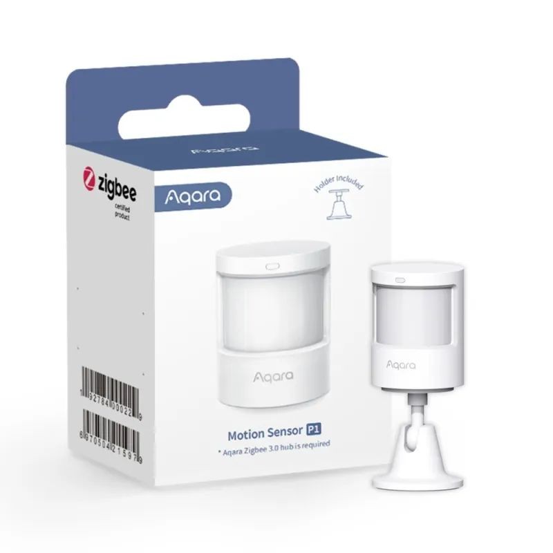 Aqara P1 czujnik ruchu - zdjęcie produktu Aqara Motion Sensor P1 – biały czujnik ruchu i światła Zigbee 3.0 w opakowaniu z uchwytem montażowym.