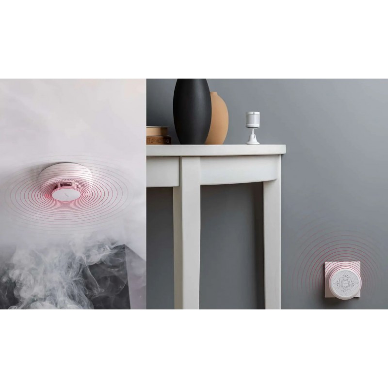 Aqara SD-S01D Detektor Dymu Aqara SD-S01D – detektor dymu Zigbee 3.0 HomeKit Alexa. Montaż na ścianie lub suficie, bezprzewodowy alarm zasilany baterią.
