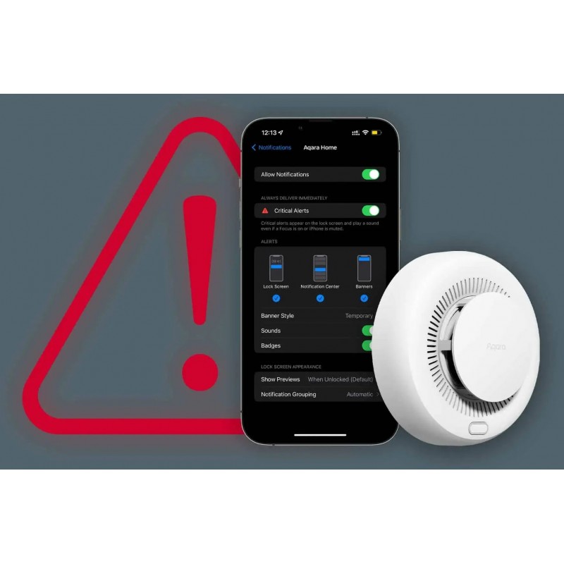 Aqara SD-S01D Czujnik Dymu - Zdjęcie Aqara SD-S01D czujnik dymu i gazowego Zigbee – zdjęcie produktu w aplikacji Aqara Home, ostrzegawczy symbol bezpieczeństwa.
