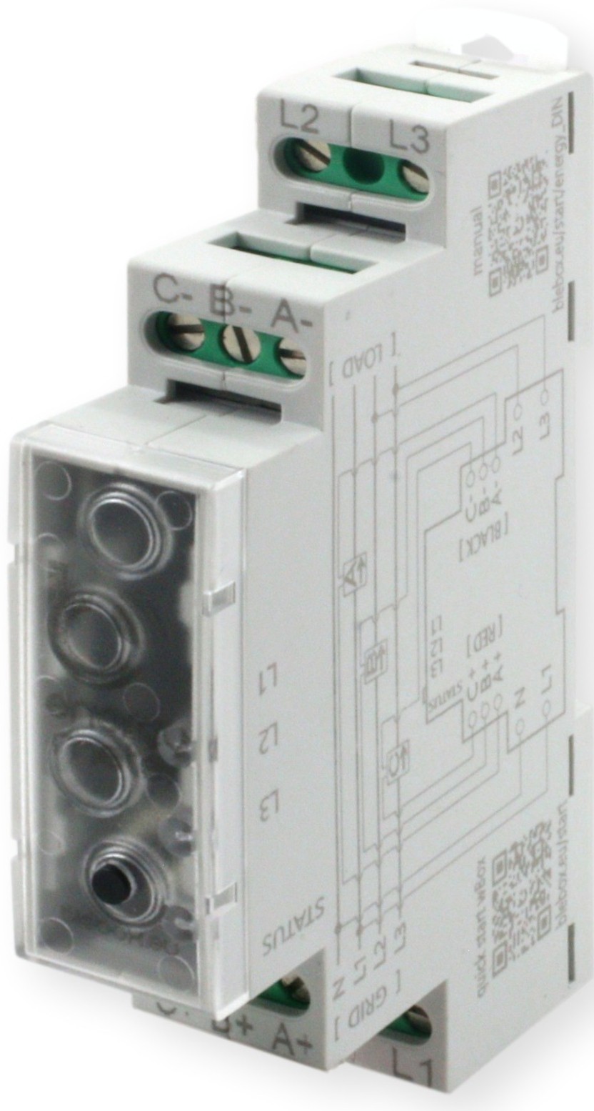 BleBox energyMeter DIN - schemat instalacji BleBox energyMeter DIN – licznik energii WiFi, schemat montażowy i oznaczenia terminali L1-L3 na białym przełączniku.