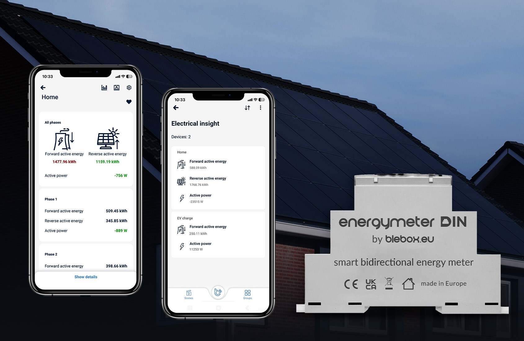 BleBox energyMeter DIN - Licznik Energii BleBox energyMeter DIN – inteligentny licznik energii WiFi do montażu na dachu. Monitoring zużycia i ładowania EV.