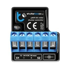 shutterBoxDC v2 - kontroler rolet BleBox shutterBoxDC v2 – czarny kontroler przekaźnikowy do rolet, pHISI DC roller shutter controller, 12-24V DC.