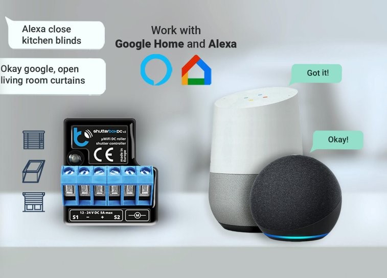 shutterGO kontroler zasłon - Google Home, Alexa shutterGO – inteligentny kontroler zasłon do sterowania głosem Google Home i Alexa. Kompatybilność i funkcje na opakowaniu.
