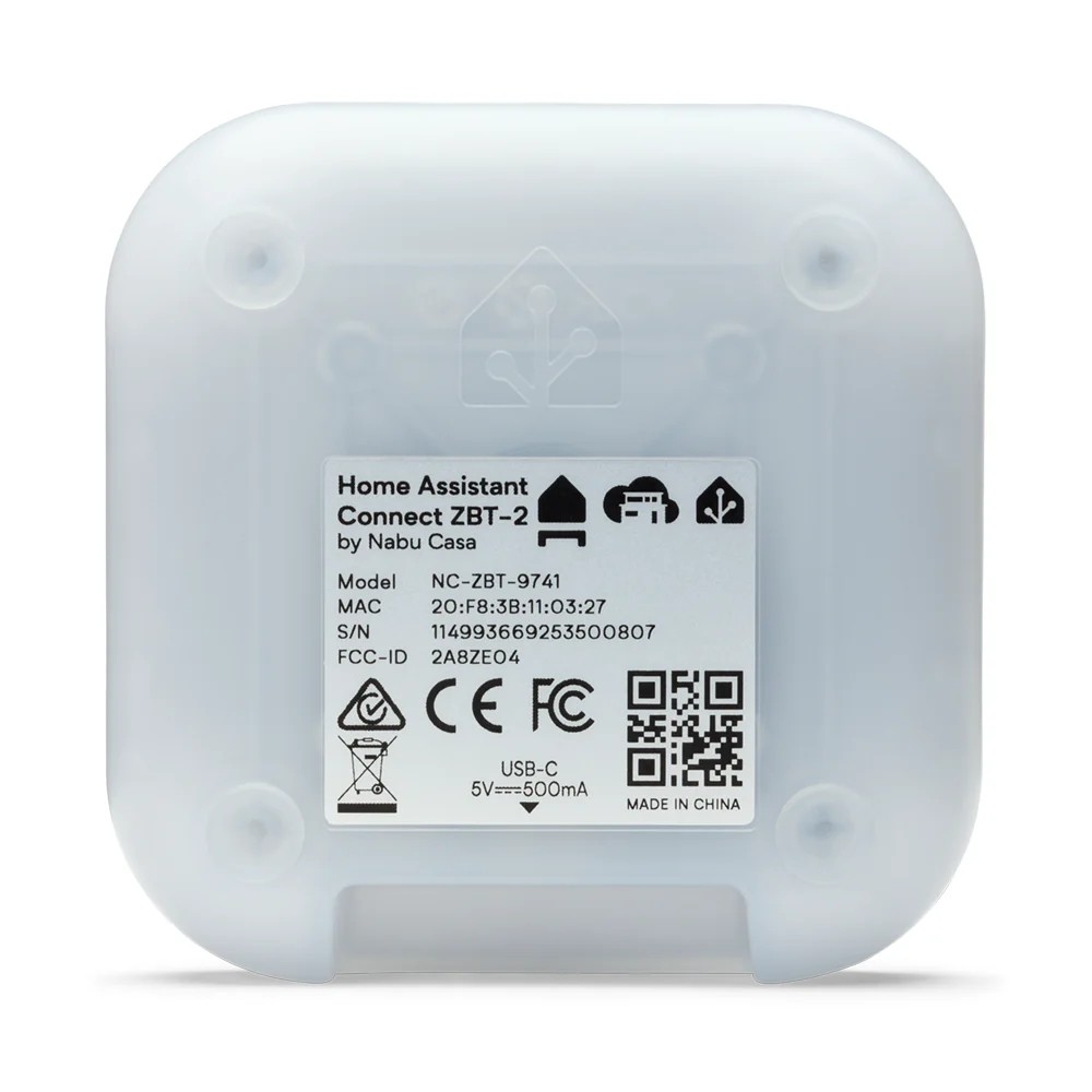 Home Assistant Connect ZBT-2 – adapter Zigbee/Thread USB, Nabu Casa. Zdjęcie modułu z tyłu z etykietą.