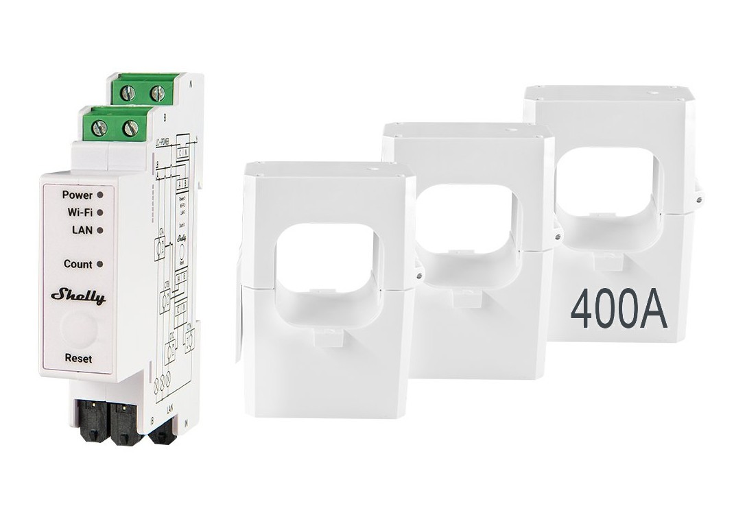 Shelly PRO 3EM 400A – przemysłowy czujnik przepływu prądu. Pomiar do 400A, Wi-Fi, LAN, reset.