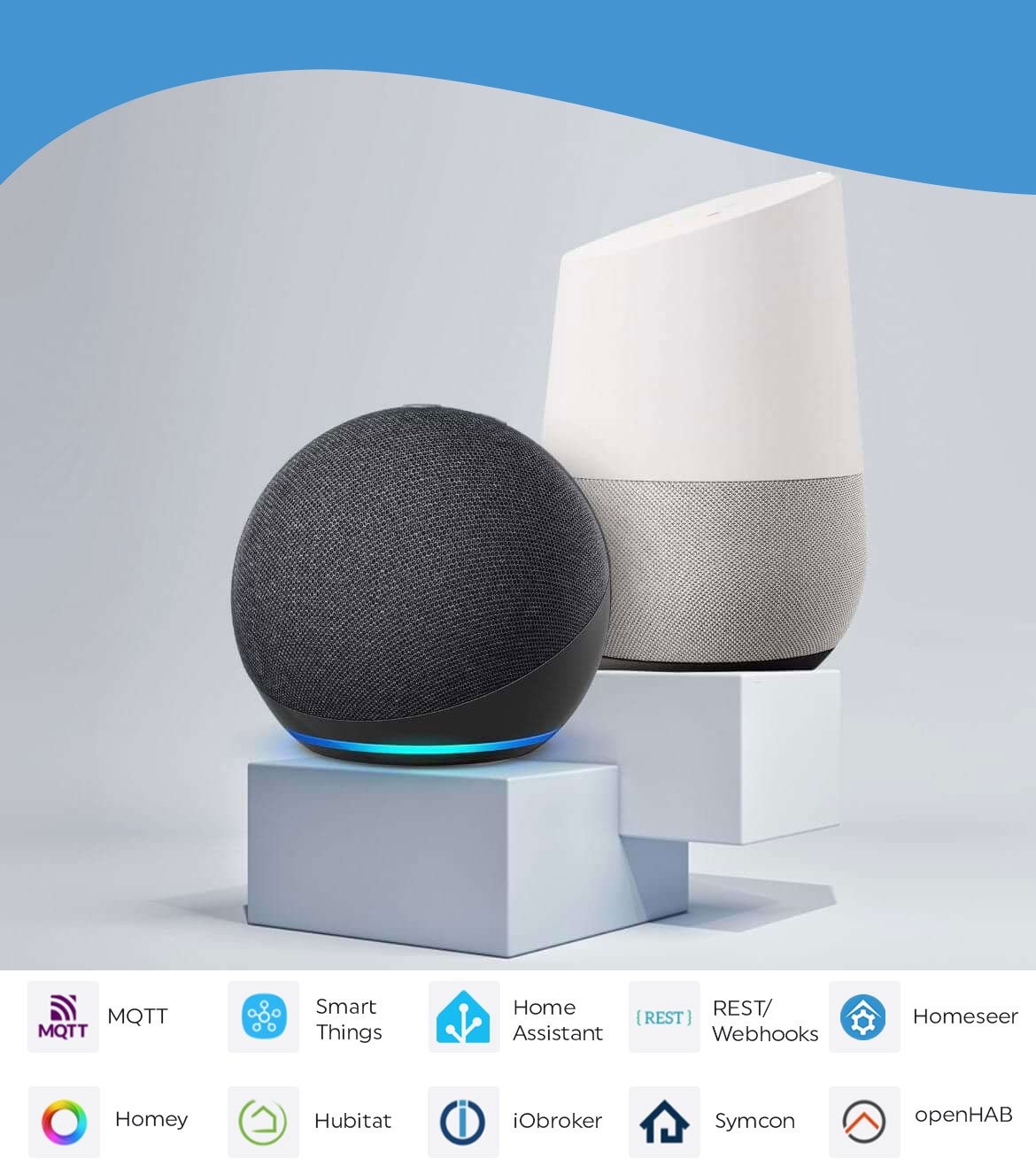 Shelly PRO 3EM 400A - inteligentne głośniki Amazon Echo Dot i Google Nest Mini na podstawkach, kompatybilność z Home Assistant.