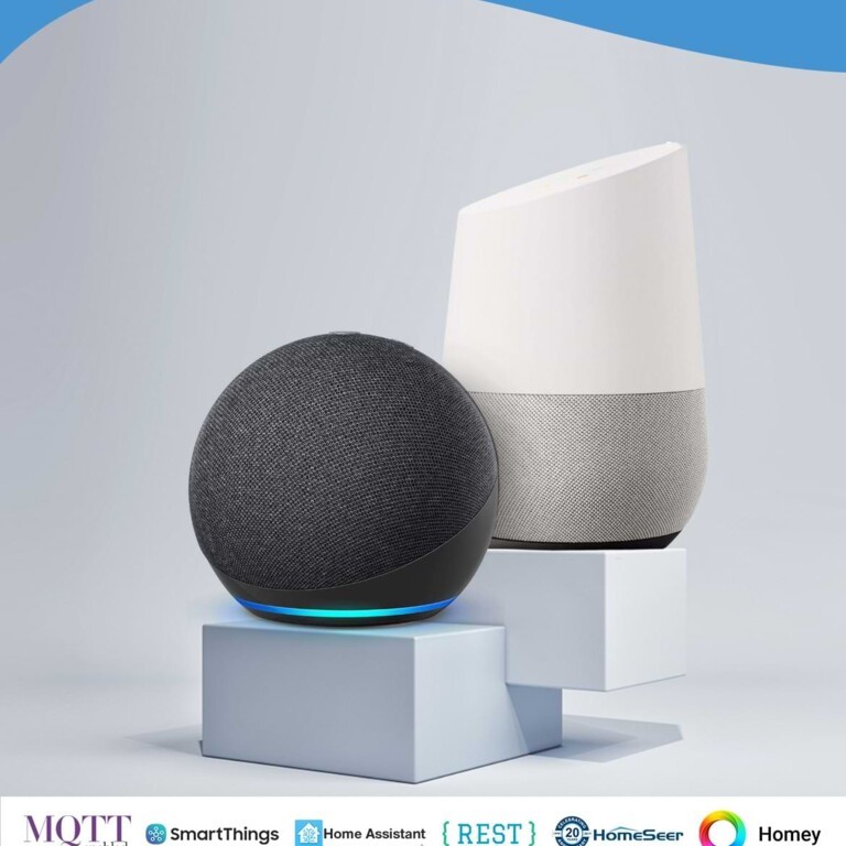 Shelly PRO 3EM – inteligentny głośnik domowy: Amazon Echo Dot (czarny) i Google Nest Mini (biały). Kompatybilność z SmartThings, Home Assistant.