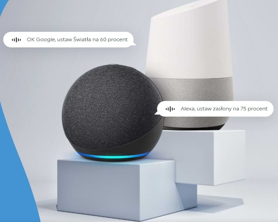 Inteligentne głośniki Google Nest Hub i Amazon Echo - sterowanie głosem, integracja Shelly Pro 3EM