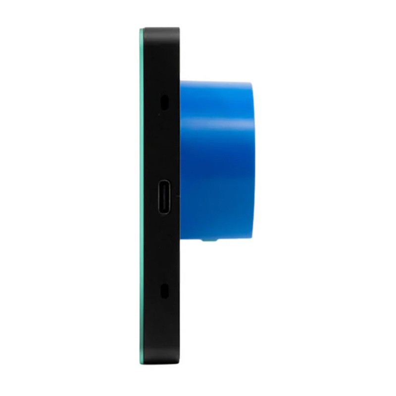 Shelly Wall Display X2I Black - boczny widok Shelly Wall Display X2I Black – czarny panel sterowania, boczny widok z portem USB-C i głośnikami.