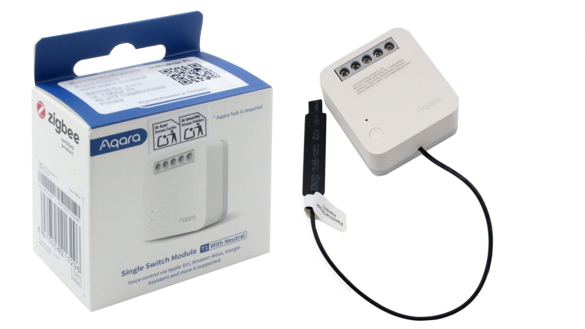 Aqara T1 moduł przekaźnikowy z neutralem Aqara Single Switch Module T1 – biały moduł przekaźnikowy z neutralem, Zigbee, EU, SSM-U01 w opakowaniu.