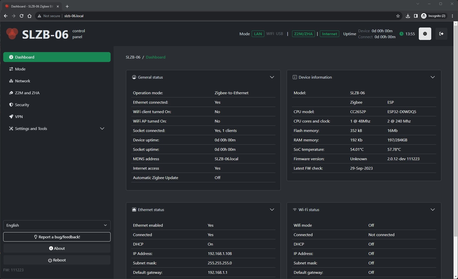 SLZB-06U Dashboard – Koordynator Zigbee Thread SMLIGHT SLZB-06U - koordynator Zigbee/Thread PoE. Zrzut ekranu dashboardu z informacjami o stanie, sprzęcie i połączeniu Ethernet.