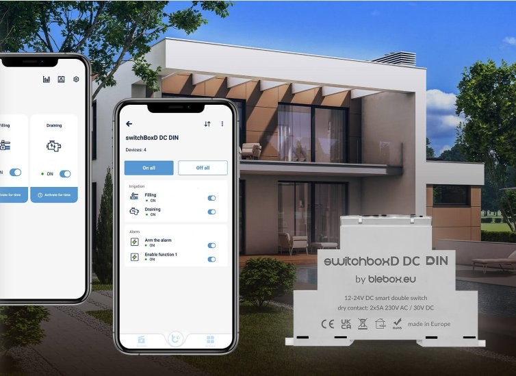 switchBoxD DC DIN - Przełącznik DC z aplikacją switchBoxD DC DIN – inteligentny przełącznik DC blebox.eu na opakowaniu, sterowanie aplikacją mobilną.