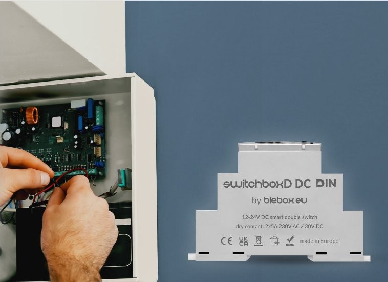 switchBoxD DC DIN – przełącznik DC do montażu switchBoxD DC DIN - inteligentny przełącznik DC blebox.eu w obudowie montażowej, instalacja przewodów.