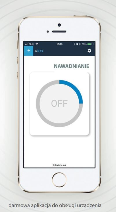 switchBoxDC - Aplikacja wBox - Nawadnianie OFF BleBox switchBoxDC - smartfon z aplikacją wBox, funkcja nawadniania wyłączona. Darmowa aplikacja do sterowania urządzeniem.