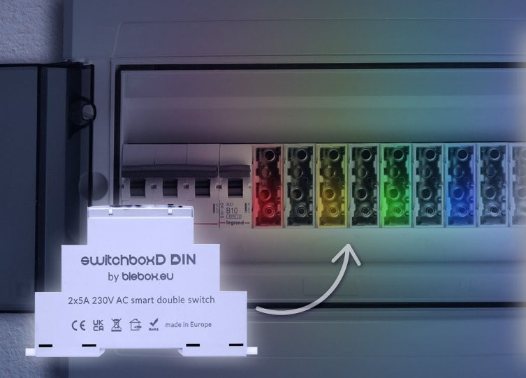 switchBoxD DIN blebox – dwukanałowy inteligentny przełącznik elektryczny w szafie配电, 230V AC, 2x5A. Producent: blebox.eu