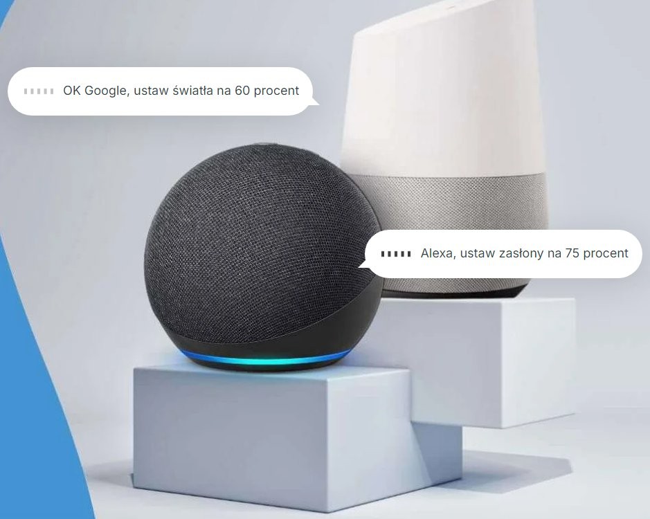Shelly 1PM Gen3 – inteligentne głośniki Google Nest Hub i Amazon Echo Inteligentne głośniki Google Nest Hub i Amazon Echo - sterowanie głosowe światłem i zasłonami. Shelly 1PM Gen3.