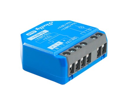 Shelly 1 Gen4 ZB-651 – przekaźnik Zigbee/Matter, niebieski plastikowy korpus, schemat podłączenia na opakowaniu.