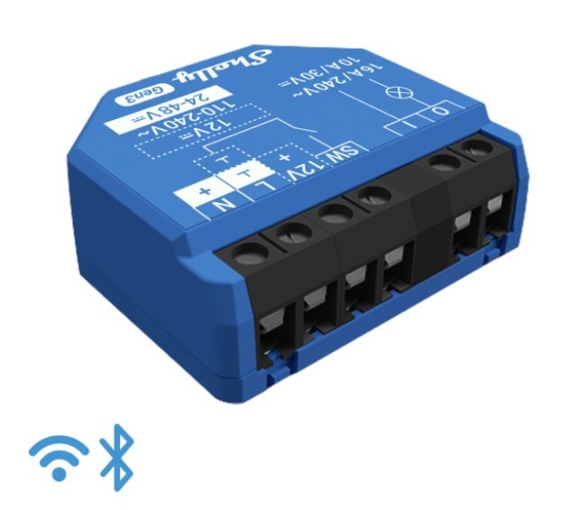 Shelly 1 Gen3 – moduł sterujący WiFi/Bluetooth do inteligentnego domu. Schemat podłączenia, napięcie i terminale.