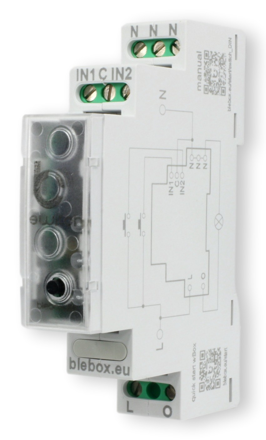 BleBox switchBox DIN – biały przełącznik elektryczny z przyciskami, schemat podłączenia i QR-kody do instrukcji.