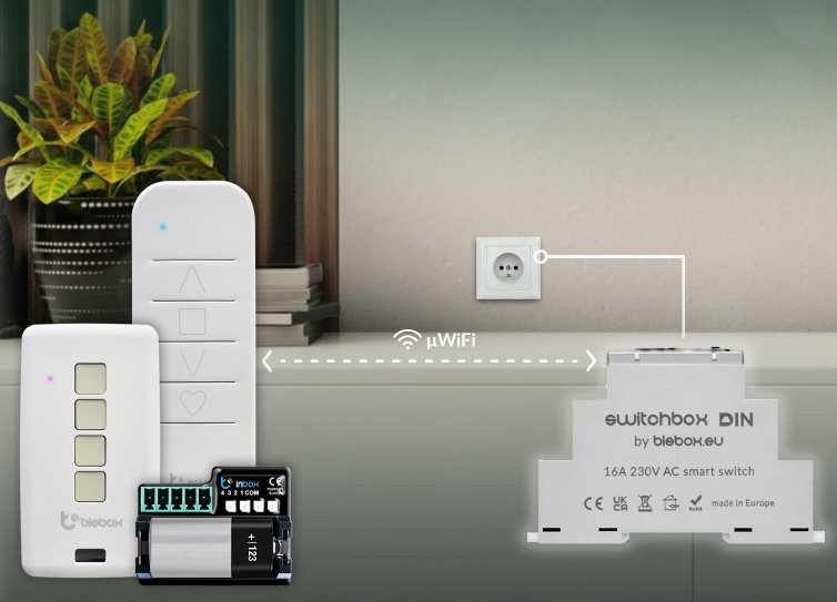 Zestaw inteligentnych przełączników switchBox DIN blebox.eu: moduł, sterownik i urządzenie bateryjne. Made in Europe.