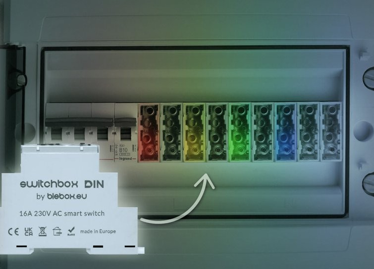 switchBox DIN by blebox.eu – inteligentny przełącznik elektryczny w opakowaniu, gotowy do montażu w szafie.