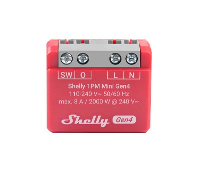 Shelly 1PM Mini Gen4 - sterownik sieciowy Shelly 1PM Mini Gen4 – czerwony sterownik sieciowy Zigbee/Matter. Zdjęcie produktu z widocznymi specyfikacjami i terminalami.