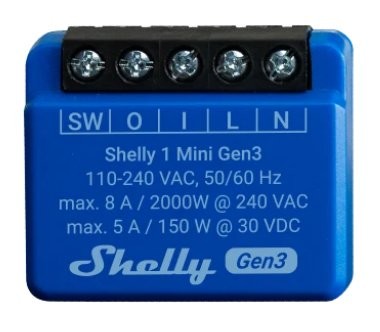 Shelly 1 Mini Gen3 - przekaźnik Wi-Fi Shelly 1 Mini Gen3 – kompaktowy przekaźnik Wi-Fi, niebieski. Zdjęcie produktu na opakowaniu z danymi technicznymi.