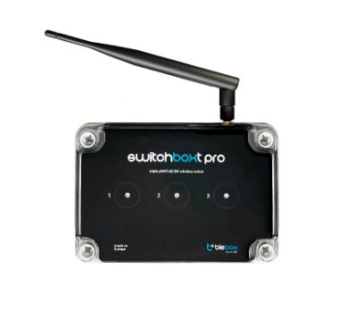 eSwitchBox Pro – bezprzewodowy przełącznik t-blox do sterowania urządzeniami przez aplikację. Czarny, prostokątny design.