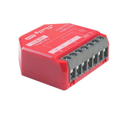 Shelly 1 PM Gen4 - Sterownik Zigbee/Matter Shelly 1 PM Gen4 – sterownik Zigbee/Matter. Czerwony moduł elektroniczny do podłączenia przewodów, schemat i oznaczenia techniczne.