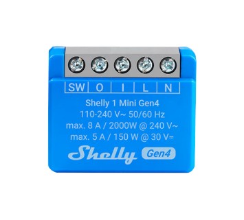 Shelly 1 Mini Gen4 - sterownik Zigbee/Matter Shelly 1 Mini Gen4 – inteligentny sterownik Zigbee/Matter. Zdjęcie modułu z terminalami SW, O, I, L, N oraz parametrami napięcia i prądu.