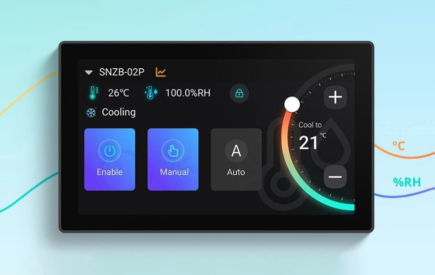 SONOFF NSPanel Pro sterowanie klimatyzacją SONOFF NSPanel Pro - ekran klimatyzacji: Cooling, temperatura 26°C, wilgotność 100%. Sterowanie WiFi/Bluetooth/ZigBee Matter.