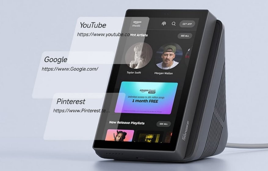 SONOFF NSPanel Pro - Smart Panel Sterowania SONOFF NSPanel Pro – smart panel sterowania, ekran pokazujący aplikacje i promocję Amazon Music. Biały.