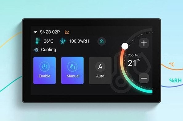 SONOFF NSPanel Pro - Sterowanie klimatyzatorą SONOFF NSPanel Pro - ekran sterowania klimatyzacją: tryb Cooling, temperatura 26°C, wilgotność 100%RH. Inteligentny panel sterujący.