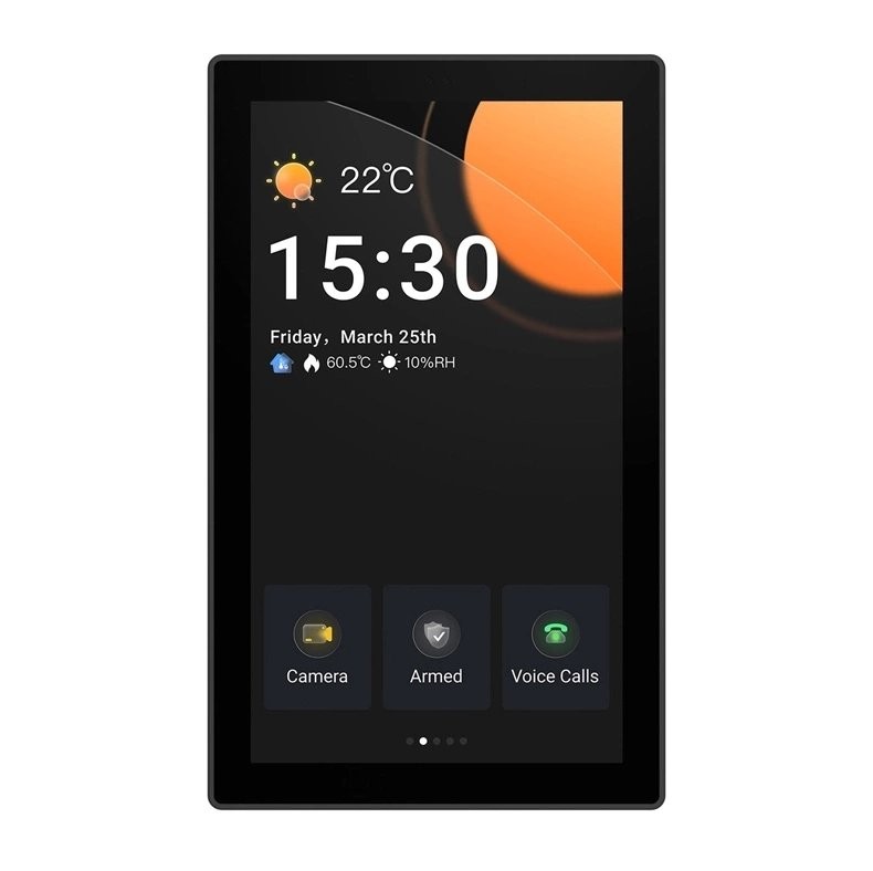 SONOFF NSPanel Pro - Panel Sterowania SONOFF NSPanel Pro – czarny panel sterowania WiFi/Bluetooth/ZigBee Matter. Ekran pokazuje pogodę, temperaturę i status urządzeń.