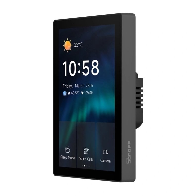 SONOFF NSPanel Pro - Panel Sterowania SONOFF NSPanel Pro – czarny panel sterowania WiFi/Bluetooth/ZigBee Matter. Wyświetla godzinę, temperaturę i ikony funkcji.