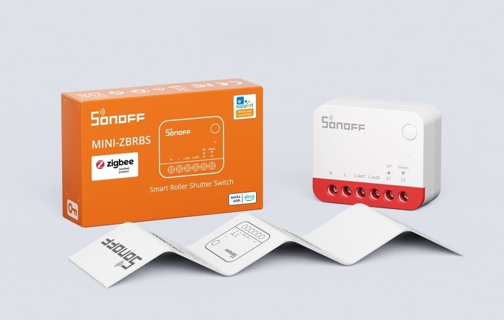 Sonoff MINI-ZBRBS - Przełącznik rolet Zigbee SONOFF MINI-ZBRBS – inteligentny przełącznik do rolet ZigBee w opakowaniu. Kompatybilny z Alexa.